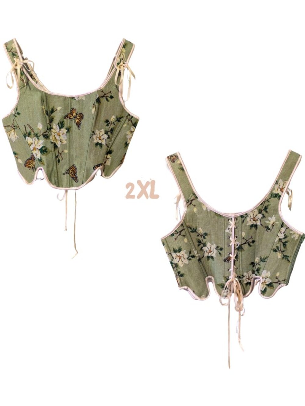 XXL Sage Floral Butterfly Jacquard Tapestry Corset Top Cottagecore Fairycore